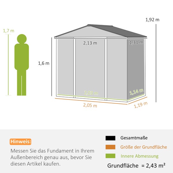 Outsunny Verzinkter Stahl Gerätehaus 2,43㎡ 213x131x192cm Einfach Montage Geräteschuppen mit Satteldach, Abschließbarer Schiebetür, wetterfest Gartenhaus, Outdoor Garten Schuppen für Außenbereich, Grau
