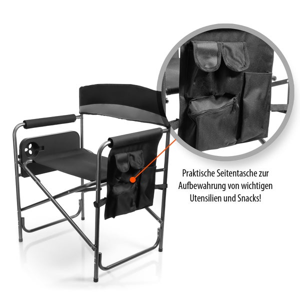 Regiestuhl mit Seitentisch und Seitentasche zur Aufbewahrung