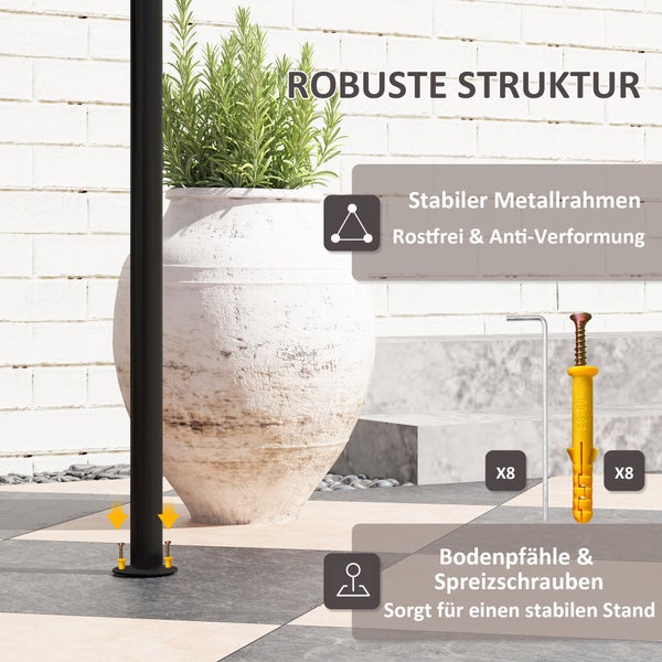 Robuste Struktur mit stabilem Metallrahmen, rostfrei und verformungsbeständig. Inklusive acht Bodenpfählen und Spreizschrauben für festen Stand.