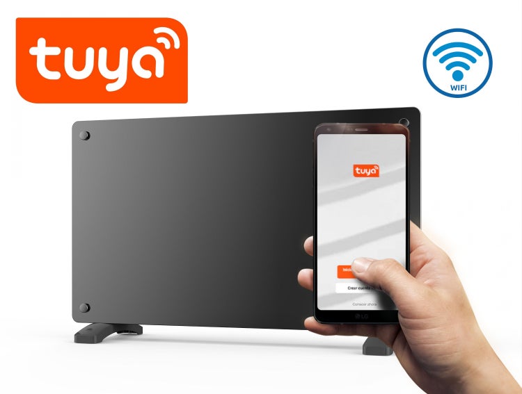 Intelligente Heizung mit Tuya Logo und WLAN-Symbol, gesteuert mit einem Smartphone.