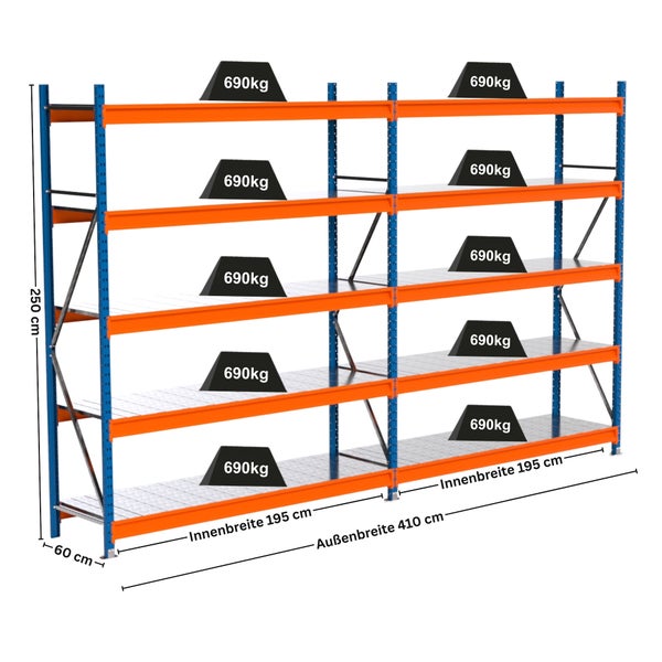 Regalsystem mit vier Ebenen, maximale Traglast 690 Kilogramm pro Ebene, 250 Zentimeter hoch