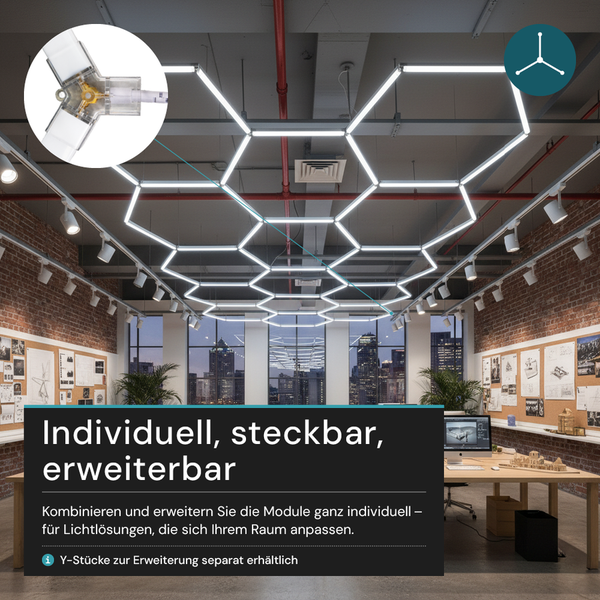 Modulare LED-Deckenleuchte in sechseckiger Form in einem modernen Büro