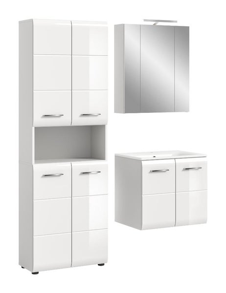 Dreiteiliges Badezimmermöbel-Set in Weiß mit Hochschrank, Waschbeckenunterschrank und Spiegelschrank inklusive Beleuchtung.