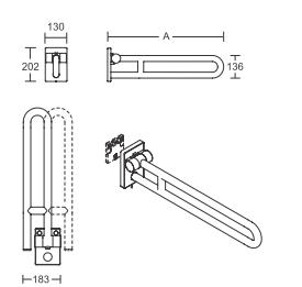 Maßzeichnung eines Stützklappgriffs für das Bad mit verschiedenen Ansichten und Maßangaben in Millimeter.