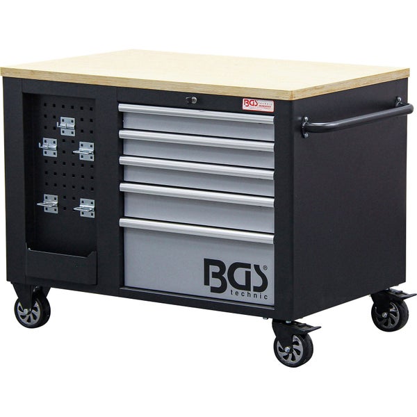 BGS Technic fahrbare Werkbank mit Holzplatte, sechs Schubladen, seitlichem Lochwandsystem und Rollen.