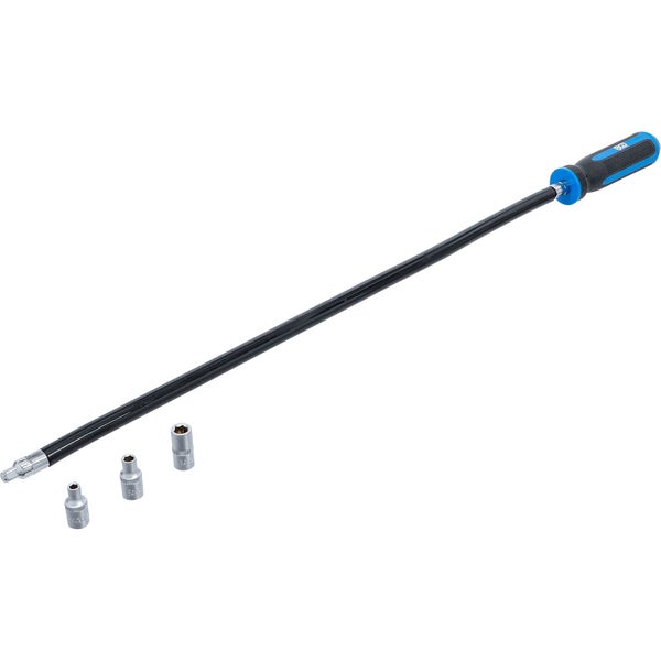 Flexibler Steckschlüssel-Schraubendreher mit drei auswechselbaren Steckschlüsseleinsätzen und ergonomischem Griff.