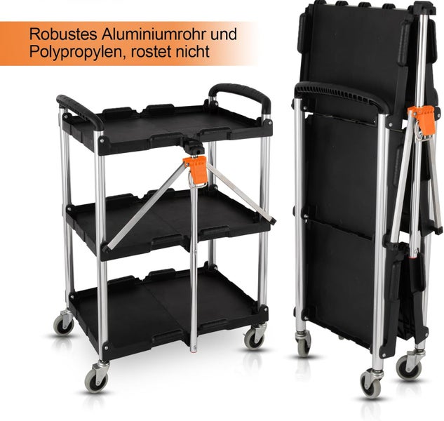 Klappbarer Etagenwagen mit drei Ablagen aus Polypropylen und rostfreiem Aluminiumrahmen, in ausgeklapptem und zusammengeklapptem Zustand.