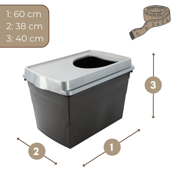 Katzentoilette mit Topeinstieg, Länge 60 Zentimeter, Breite 38 Zentimeter, Höhe 40 Zentimeter.