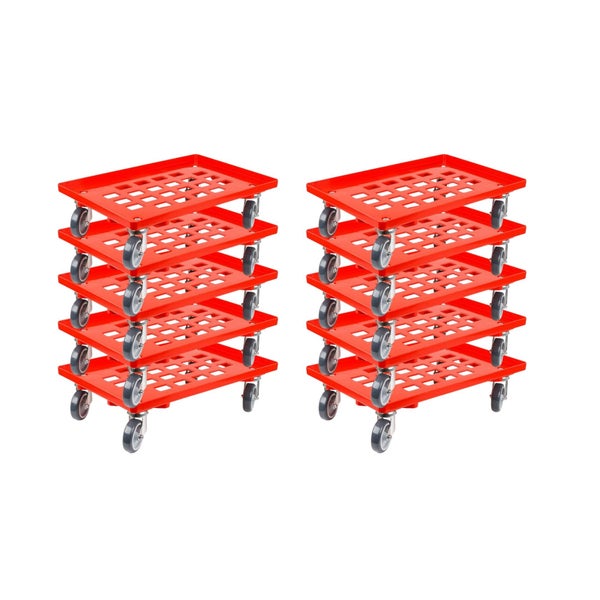 PROREGAL SparSet 10x Transportroller für Euroboxen 60 x 40 cm mit Gummiräder Rot Gitter/Rasterdeck 4 Lenkrollen Traglast 300 kg