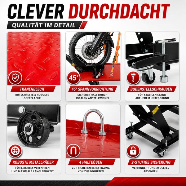 Motorradhebebühne: rutschfestes Tränenblech, 45 Grad Spannvorrichtung, Bodenstellschrauben, Metallräder, Halteösen und zweistufige Sicherung.