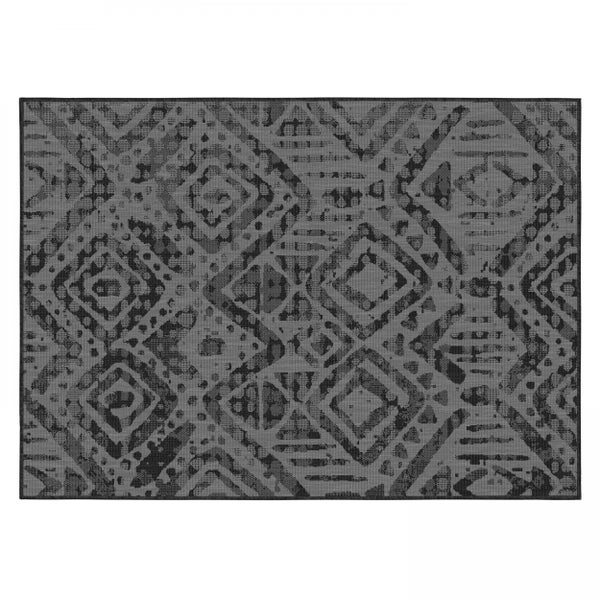 Flachgewebter Teppich mit geometrischem Rautenmuster im Ethno-Stil in Grau und Schwarz.