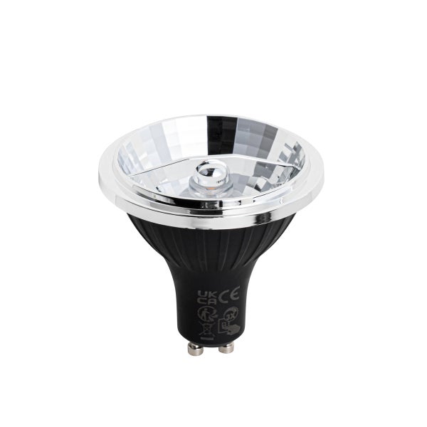 LED-Leuchtmittel GU10 Reflektorlampe, schwarz mit silberfarbenem Reflektor.