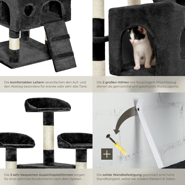 Detailansicht eines schwarzen Katzenkratzbaums mit Leitern, Höhlen, Aussichtsplattformen und Wandbefestigung