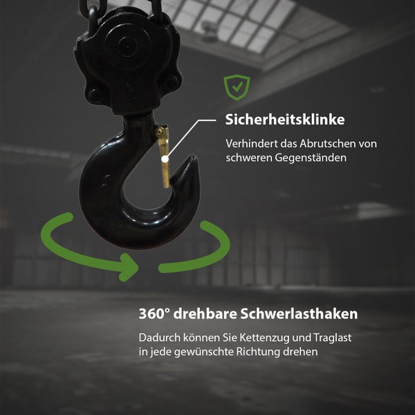 Schwerlasthaken für Kettenzug mit Sicherheitsklinke und 360 Grad Drehgelenk für sicheres Heben und Ausrichten von Lasten.