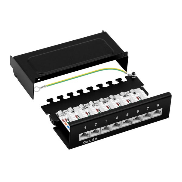 ProfiPatch Cat6a Patchpanel Patchfeld 8 Port Verteilerfeld geschirmt RJ45 Desktop und Wandmontage 1HE schwarz