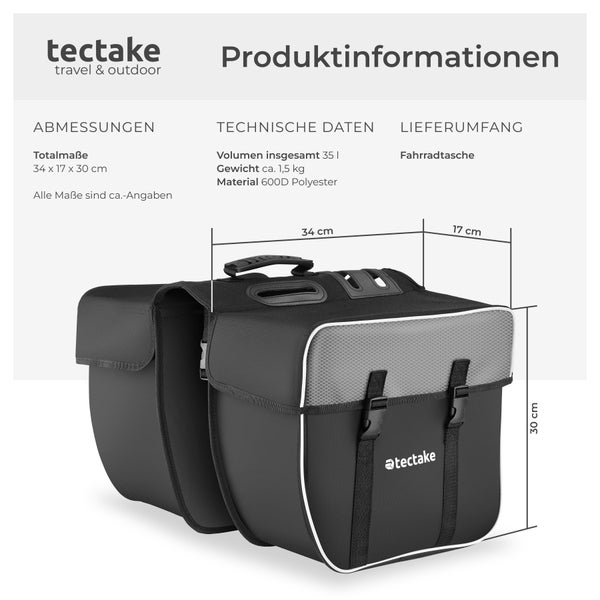 Tectake Fahrradtasche mit Produktinformationen und technischen Details.
