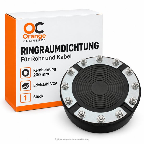 Ringraumdichtung für Kernbohrung 200 Millimeter aus Edelstahl V2A inklusive Verpackung von Orange Commerce Logo