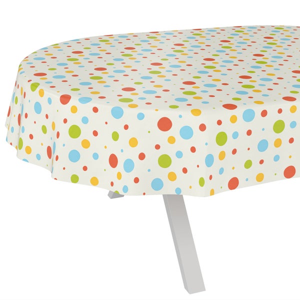 Ovale Tischdecke mit buntem Punkte-Muster.