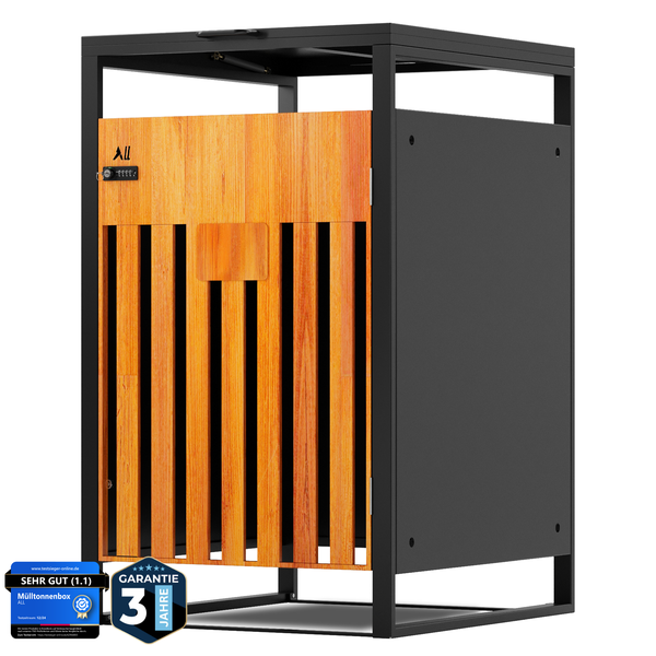 ALL Premium Mülltonnenbox 1er – Abschließbar, wetterfest & edle Holzoptik, für Garten, Hof & Straße, beliebig erweiterbar, legierter Stahl robust & langlebig