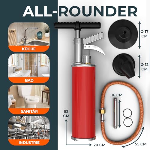 XXL Rohrreinigungsspumpe [8 Bar] - Abflusspumpe für eine effektive Rohrreinigung - Idealer Pressluft Rohrreiniger für Industrie, Küche, Bad & WC!