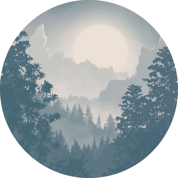 Illustration einer Berglandschaft mit Bäumen und Nebel