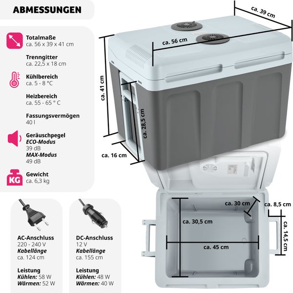 Elektrisches Kühl- und Wärmebox  tectake  56 x 39 x 42 cm  40 l Fassungsvermögen  grau