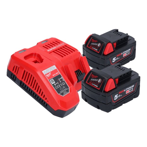 Milwaukee Akku-Set bestehend aus zwei M18 5,0 Ah Redlithium Akkus und einem M12-18FC Schnellladegerät.
