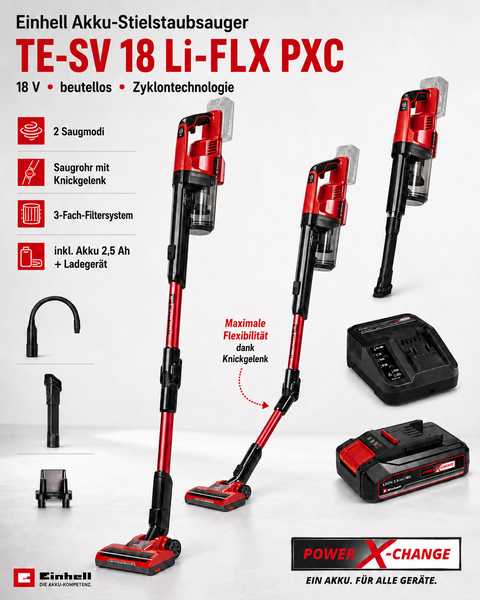 Einhell Akku-Stielstaubsauger TE-SV 18 Li-FLX PXC, 18 Volt, beutellos mit Zyklontechnologie, Knickgelenk, inklusive Akku und Ladegerät.