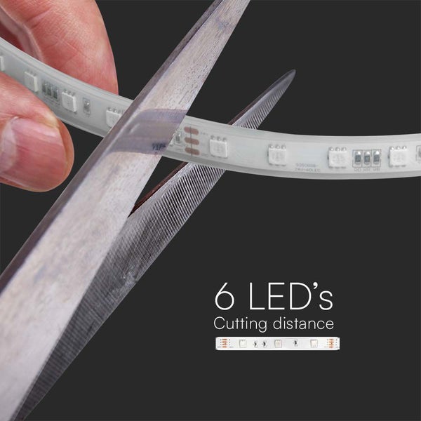 LED-Streifen wird mit einer Schere geschnitten, Schnittabstand alle 6 LEDs.