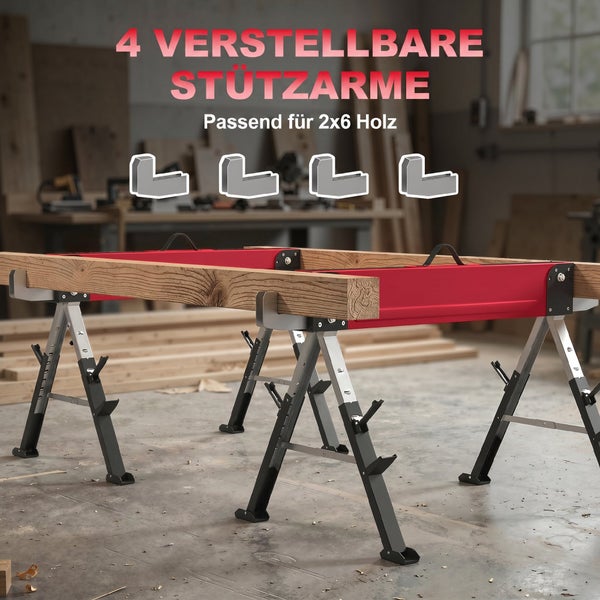 Zwei Arbeitsböcke aus Metall mit vier verstellbaren Stützarmen für zwei mal sechs Zoll Holz in einer Werkstatt.