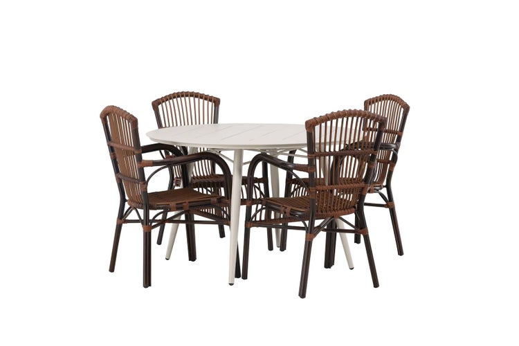 Gartentischset mit vier Rattansesseln und einem runden Tisch