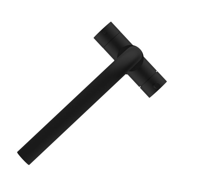 Schwarze Thermostat-Armatur in mattem Design mit zylindrischem Auslauf für Dusche oder Badewanne.