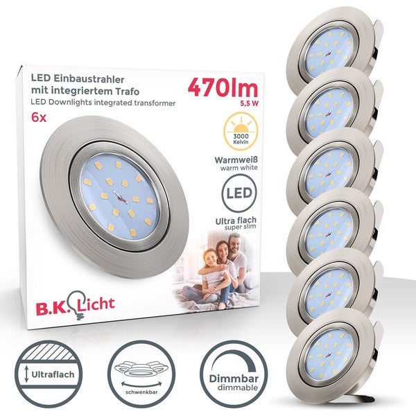Einbauspot 6er Set 68mm Lochmaß - 230V, 5,5W, 470lm, LED, dimmbar, warmweiß, matt-nickel