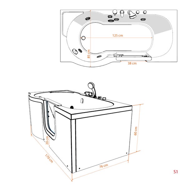 Sitzwanne Whirlpool Badewanne mit Tür S12-TH-WP-R 85x170 cm