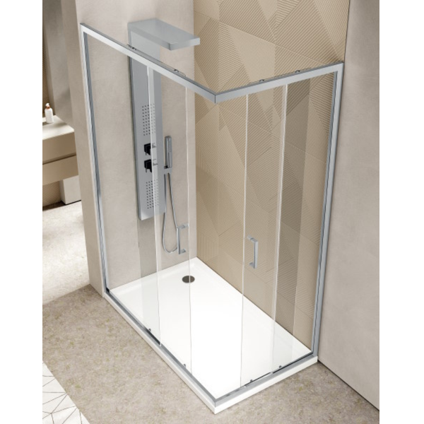 Duschkabine mit Glasschiebetür und Duschwanne im Badezimmer