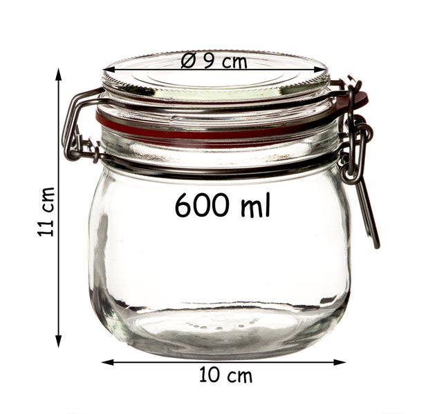 Einmachglas mit einem Fassungsvermögen von 600 ml und den Maßen 11 cm Höhe, 10 cm Breite und 9 cm Durchmesser