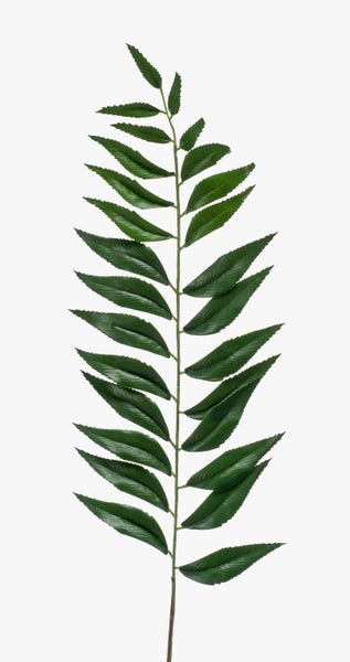 Künstlicher Farnzweig aus Kunststoff in Grün mit gezackten Blättern.