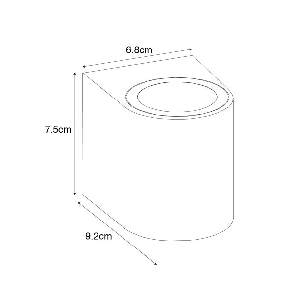 Technische Zeichnung einer Wandleuchte mit den Maßen: Höhe 7,5 Zentimeter, Breite 6,8 Zentimeter und Tiefe 9,2 Zentimeter.