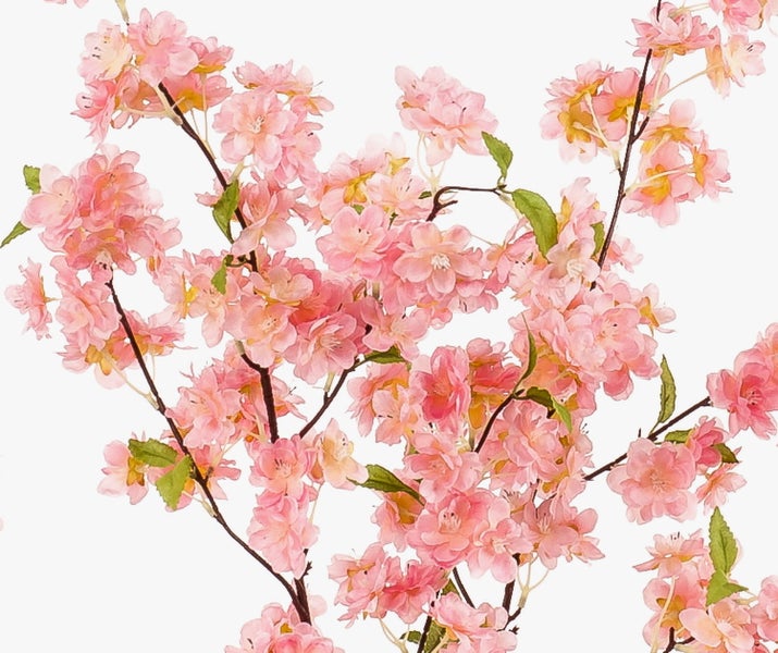 Künstlicher Kirschblütenzweig mit vielen rosa Blüten und grünen Blättern.