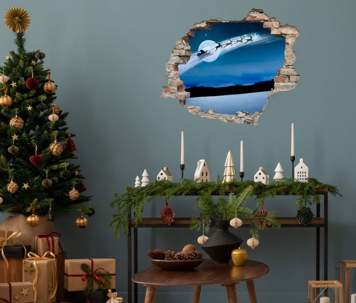 3D Wanddurchbruch selbstklebender Sticker Weihnachtsmann im Schlitten bei Nacht WS16030_60x50 cm