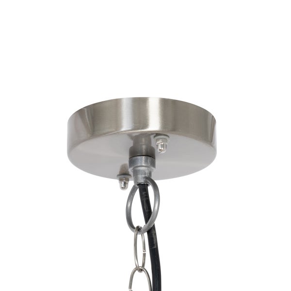 Deckenbaldachin aus gebürstetem Metall für Pendelleuchten mit schwarzem Kabel und Metallkette.
