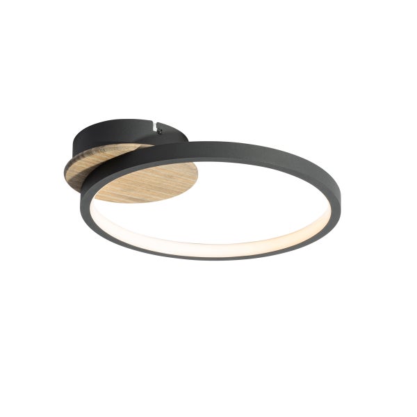 Moderne LED Deckenleuchte in Ringform mit Metallelementen und Holzoptik Akzenten für ein stimmungsvolles Lichtbild.