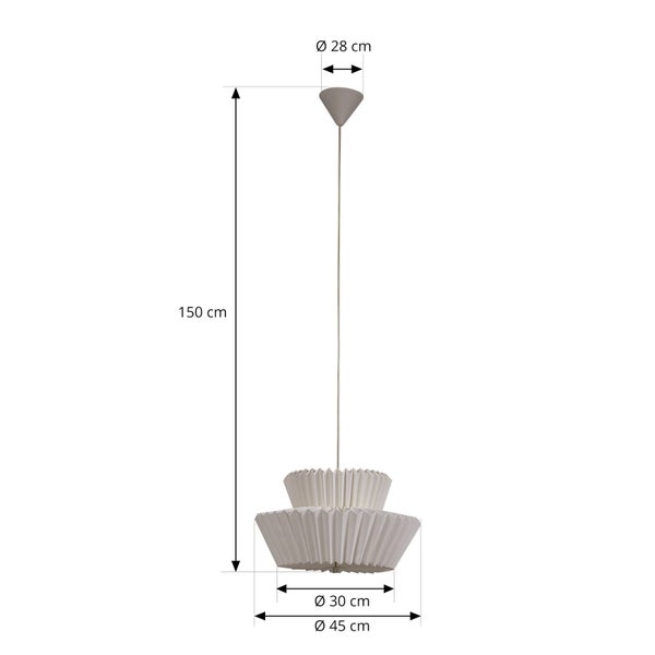 Pendelleuchte mit plissiertem Schirm: Gesamthöhe 150 Zentimeter, Durchmesser Baldachin 28 Zentimeter, Durchmesser Schirm 30 und 45 Zentimeter.