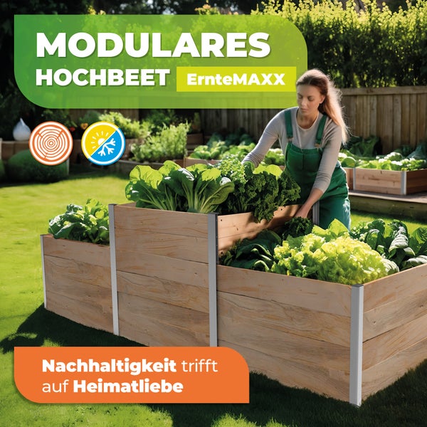 Modulares Hochbeet ErnteMAXX aus Holz im Garten mit Gemüsepflanzen und Symbolen für Nachhaltigkeit und Wetterbeständigkeit.
