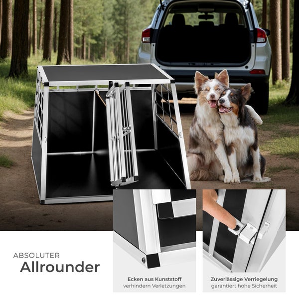 Hundebox aus Aluminium für den sicheren Transport im Auto, mit zwei Hunden vor dem Kofferraum