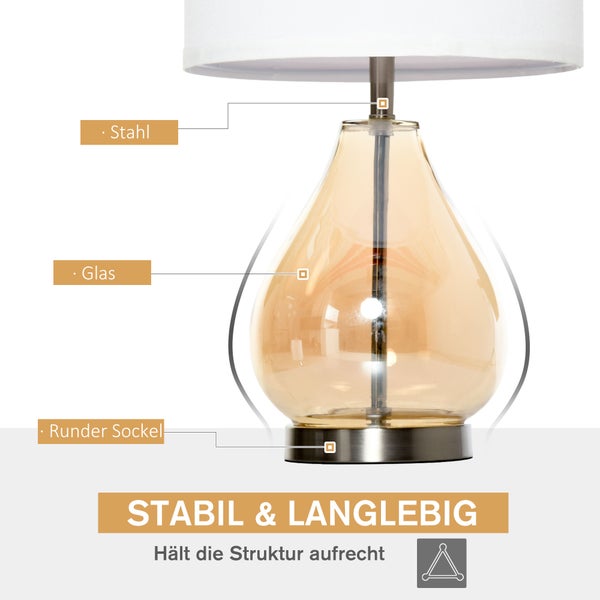 HOMCOM 2-Set Tischlampen Tischleuchten E27-Fassung Nachttischlampe 40 W Glas Leinen Stahl Bernstein Ø30 x 56H cm