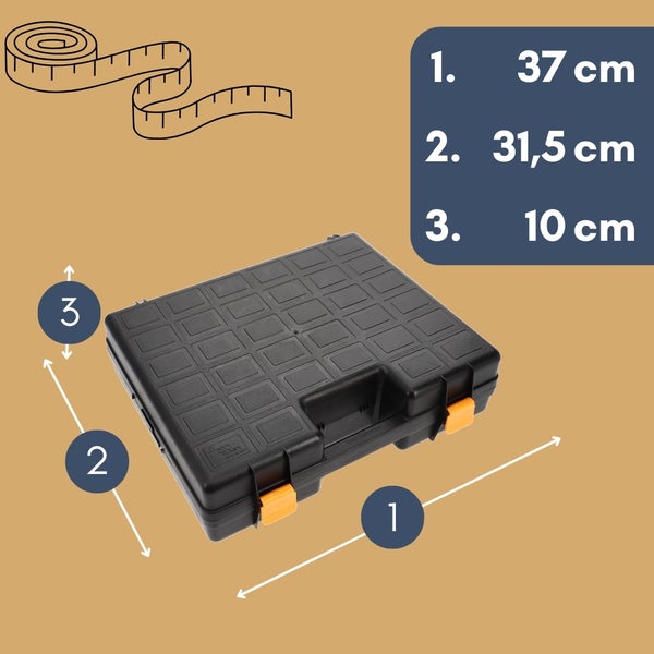 Abbildung einer Werkzeugkiste mit den Maßen 37 cm Länge, 31,5 cm Breite und 10 cm Höhe.
