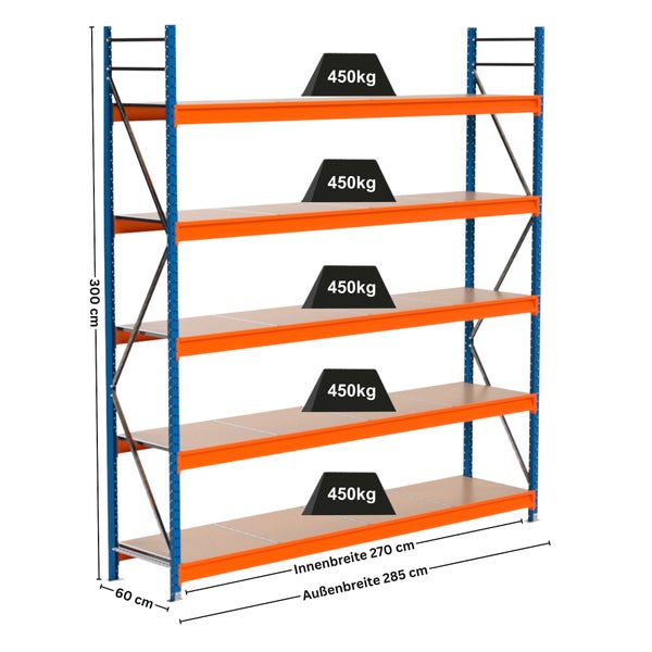 Regal mit fünf Ebenen, Außenbreite 285 Zentimeter, Innenbreite 270 Zentimeter, Höhe 300 Zentimeter und Tiefe 60 Zentimeter mit einer Traglast von 450 Kilogramm pro Ebene