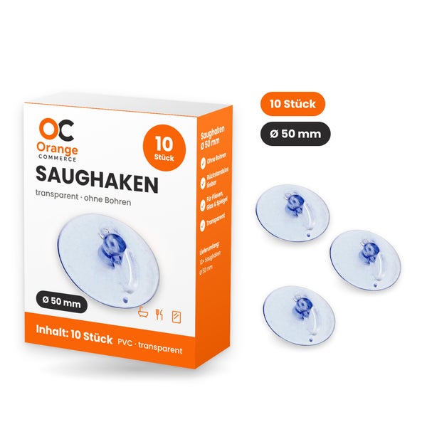Set mit 10 transparenten Saugnäpfen aus PVC von Orange Commerce, Durchmesser 50 Millimeter, für Fliesen, Glas und Spiegel.