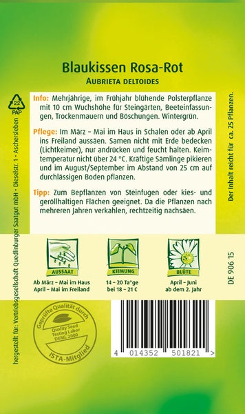 Rückseite der Saatgutpackung für Blaukissen Aubrieta deltoides mit Anbauhinweisen zu Aussaat, Keimung und Blüte sowie einem Qualitätssiegel für Saatgut.